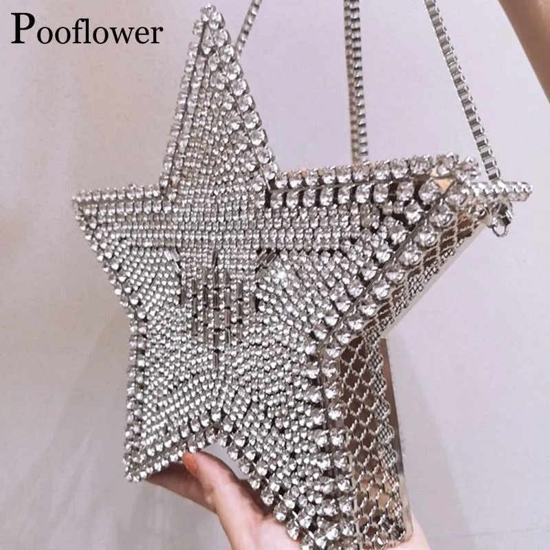 Borse da sera Pooflower Diamond Star Catene a forma di cuore Mini spalla Donna Borsa da cerimonia nuziale in cristallo Frizione Portafoglio Chic ZH256184W