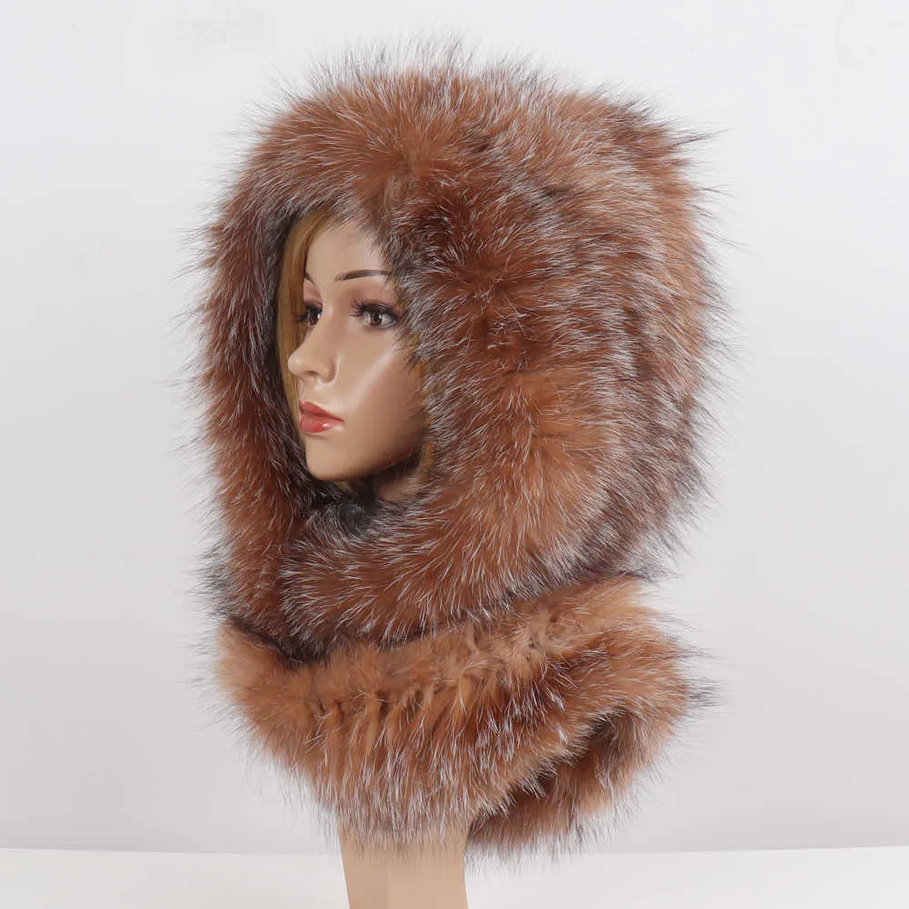 Arrivée Lady véritable fourrure HatScarf hiver chaud moelleux naturel HatsScarve tricoté véritable moufle à capuche 211119