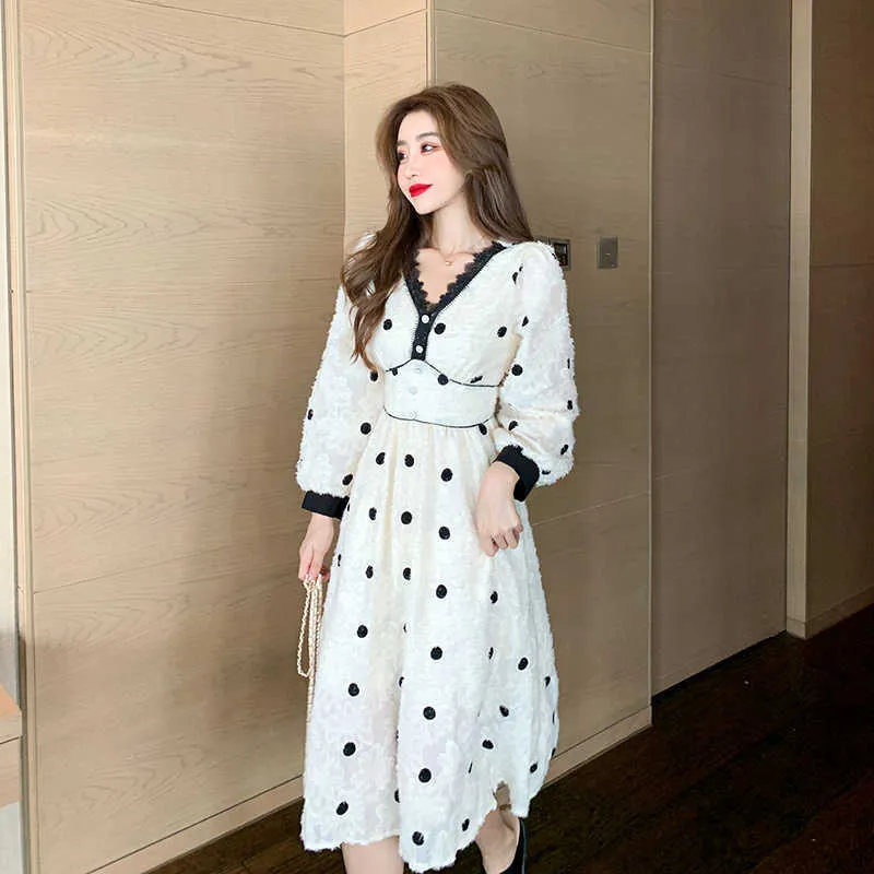 Elegant Dres Midi French Vintage Party Female Autumn V-Neck Long Sleeve Dot Casual Korean Office Lady 210604