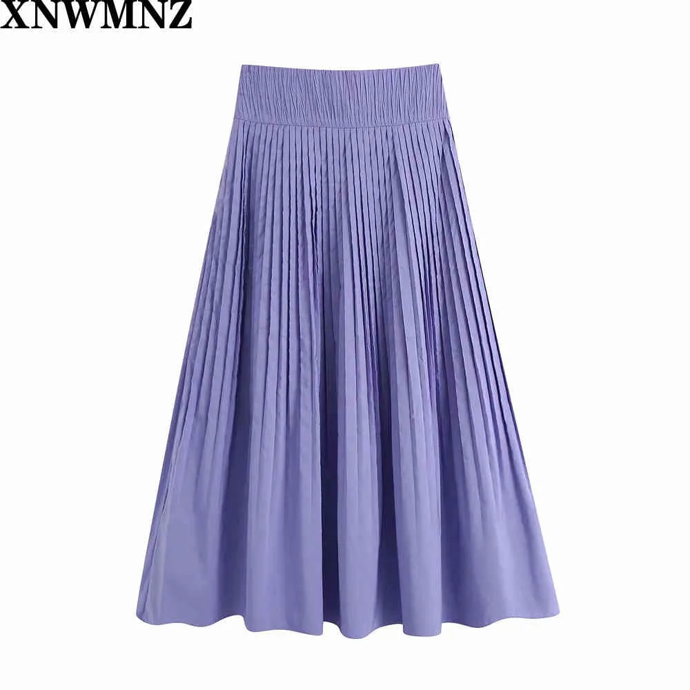 Primavera y otoño moda mujer alta cintura midi plisado Color sólido media longitud falda elástica señora lavanda falda plisada 210510
