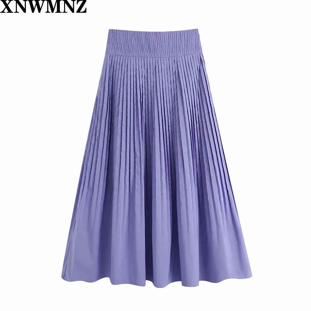 Spring and Autumn Fashion Women's High Waist midi Pleated Solid Color Half Length Elastic Skirt Lady Lavender pleated skirt 210510