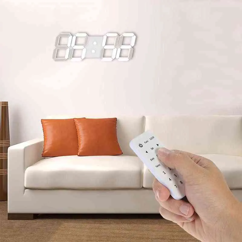 Grande tamanho LED 3D relógio de parede digital com controle remoto 12/24 hora modo para sala de casa decoração EU plugue branco shell whit luz h1230