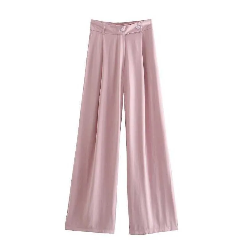 TRAF Za pantalon à jambes larges pour femmes rose été 2021 pantalon taille haute femmes pantalon large femme froncé Streetwear pantalon ample Q0801