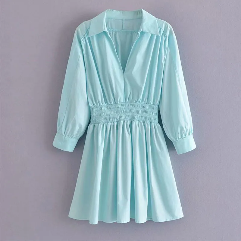 Kobiety Summer Casual Za Mini Shirt Dress 3/4 Sleeve V-Neck Solid Poplin Elastyczna Talia Kobiet Elegancka Regeles Line Vestidos 210513