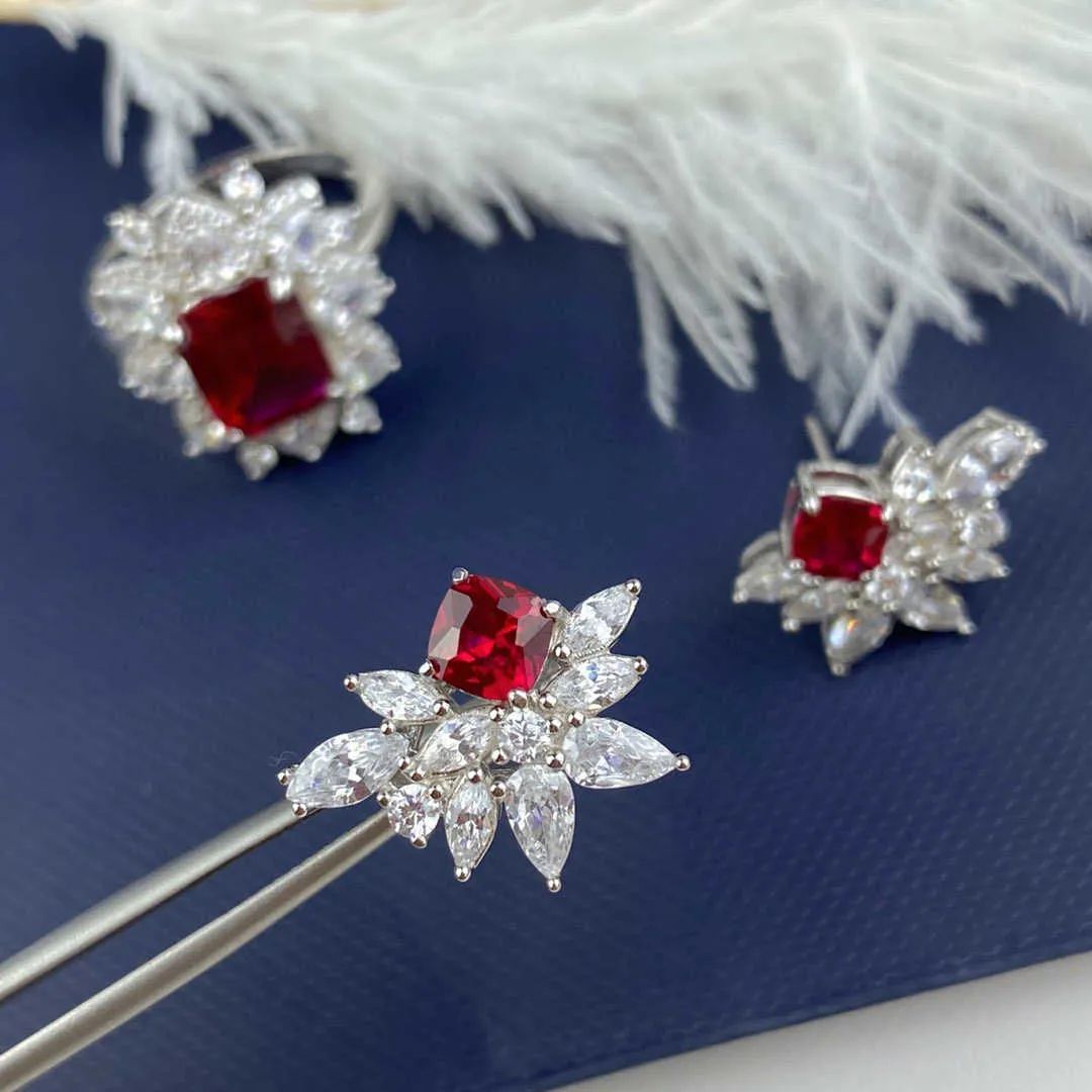 Jóias de jóias de prata esterlina pura 925 Conjunto de jóias de jóias de jóias naturais de rubi de rubi vermelha
