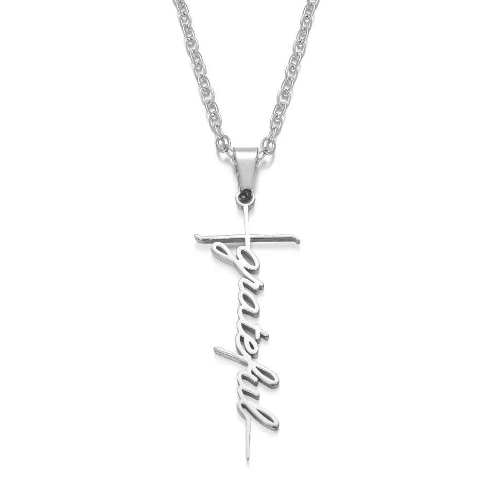 Stainless Steel Chain Necklace Silver Color GRATEFUL Cross Pendant for Women Fashion Jewelry Gift