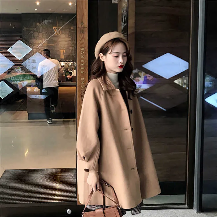 Autumn Winter Classic Women Overcoats Casual Lapel Single-breasted Loose Wool Coats Vintage Long Sleeve Chic Female Outwear 210526