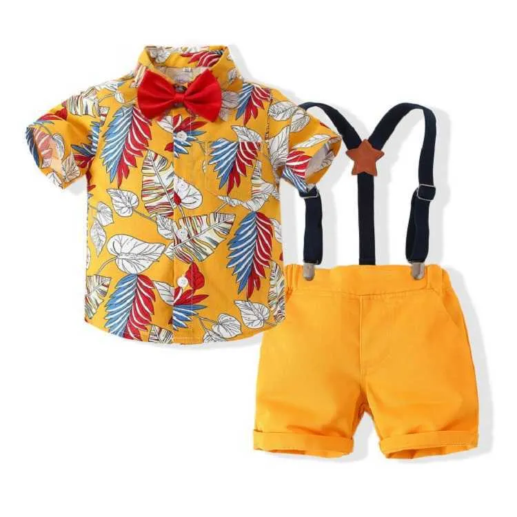 2021 estate Kid Boy Abbigliamento Marca Gentleman vestito Casual Tuta stampa Camicia a maniche corte Imposta Abbigliamento bambini Pantaloni bambini X0902