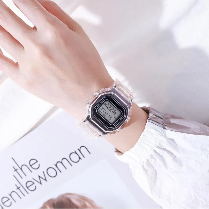 女性向けの電子時計ローズゴールドシリコンストラップ透明ドレスLEDデジタル腕時計スポーツ時計Relogio Feminino WristW237M