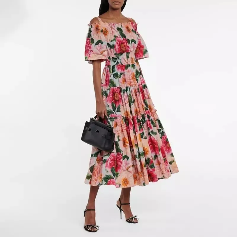 Summer Runway Fashion Maxi Long Holiday Dress Lady Floal Print Elastico in vita Lunghezza alla caviglia Abiti con cinturino alla caviglia Vestidos 210421