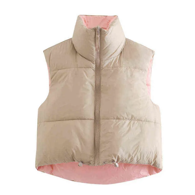 Stijlvolle zoete roze dubbele slijtage Trekkoord bijgesneden vest jas vrouwen mode standaard kraag rits vest 211123