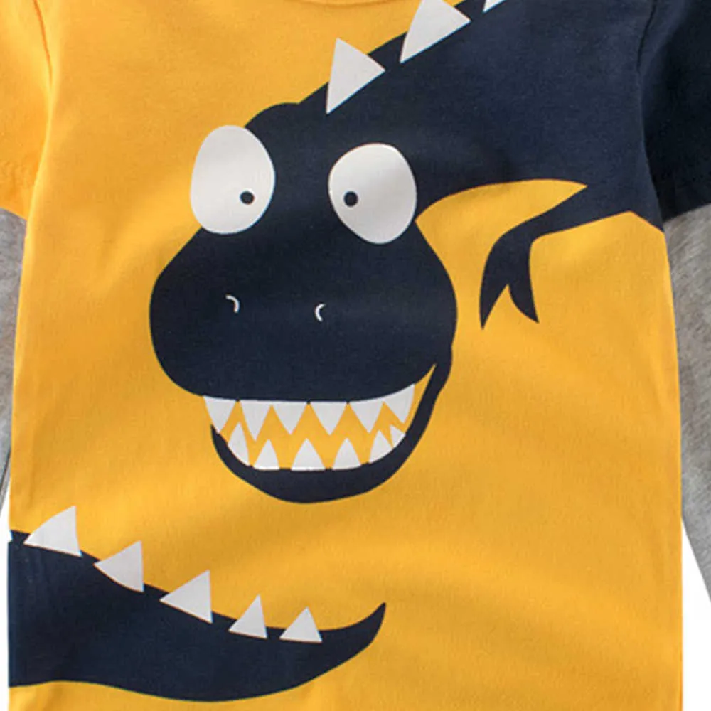 Automne bébé enfant en bas âge garçon dinosaure imprimé t-shirt à manches longues pour enfants vêtements couleur jaune en Stock 210528