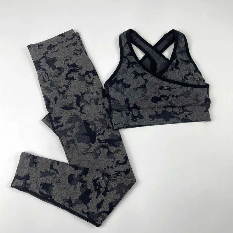 2 PzSenza Soluzione di Continuità Camo Set Yoga Donne Fitness Allenamento Vestito di Sport Ragazze Palestra Abbigliamento Leggings + Reggiseno Sportivo Femme Sportswear 210802