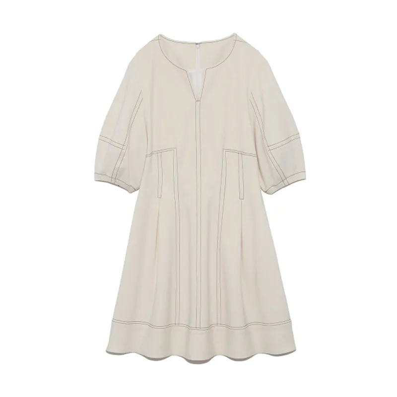 Sweet Puff Sleeve Klänningar Japan Stil Vintage Elegant V-Neck Mini Dress Kvinnor Bright Line Decoration Design Vestidos Mujer 210514