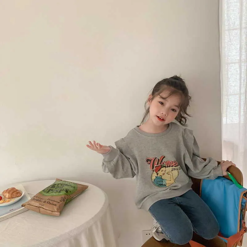 春の韓国風のティーンエイジャー女の子スウェットシャツ漫画の手紙カジュアルな壁の子供たちのファッション服E008 210610