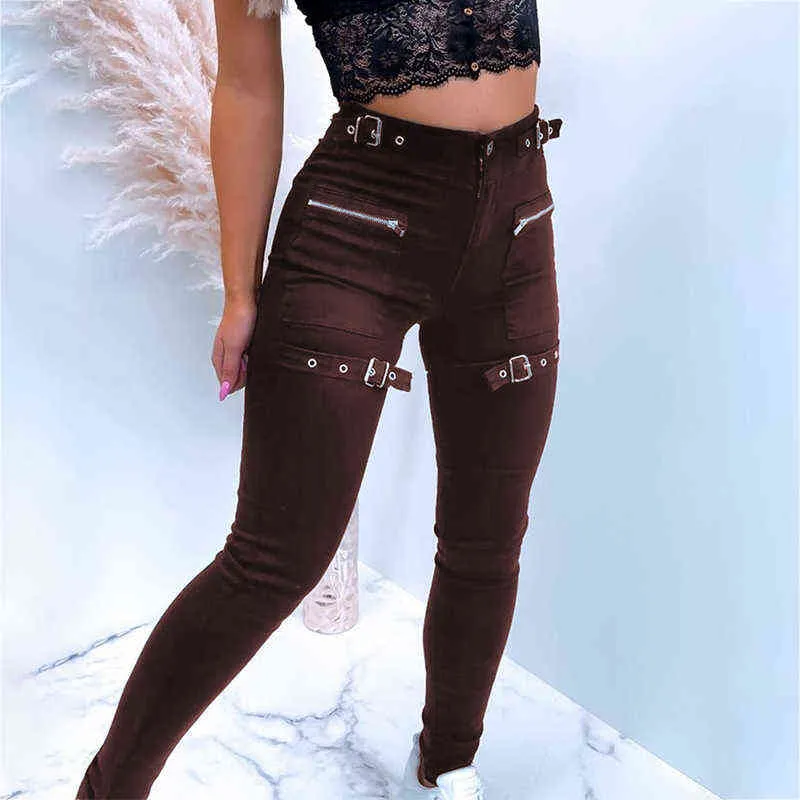 Goth Y2K Mode Jeans Ceinture Zipper Poche Pantalon Femmes Maigre Slim Fit Taille Haute Baggy Denim Pantalon 211129