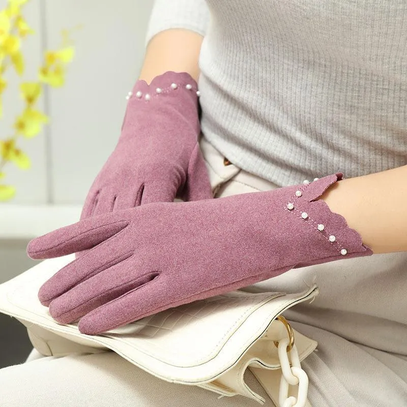 Cinq doigts gants femmes automne hiver garder au chaud écran tactile sans velours non gonflé mince perle élégante conduite de cyclisme mitaines coupe-vent