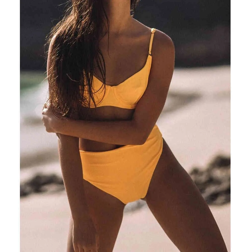 Seksowna wysoka talia bikini thong push up wyściełane dwa kawałek strój kąpielowy Solidny żółty kostium kąpielowy stroje kąpielowe brazylijskie ubrania 210520