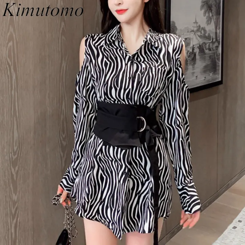 Kimutomo Abito da donna con spalle scoperte Primavera Autunno Donna Colletto rovesciato Zebra Stampa monopetto con cintura Vestido 210521