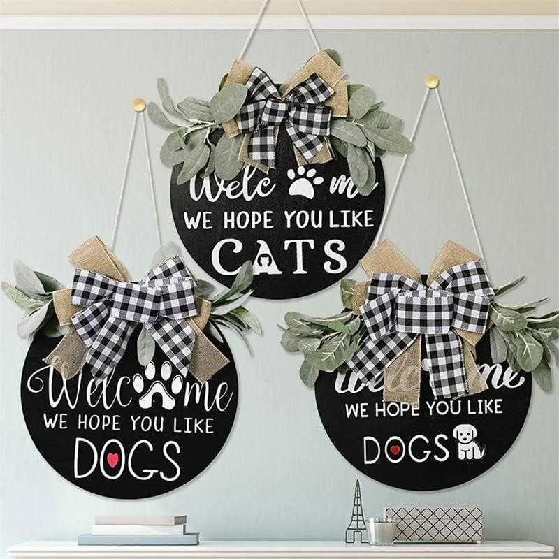 Cani Benvenuti Porta Appesa Ghirlanda Porta Decorazione frontale Targhe Pet Dog Segni di promemoria Casa Grande plaid Fiocco Ghirlanda Decorazioni la casa Y0901