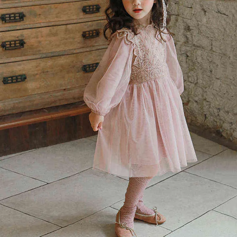 Vestidos de malla para niña, primavera otoño, flores bordadas, vestido bonito de manga larga para niñas, vestido de princesa de tul para niños, ropa de encaje G1129