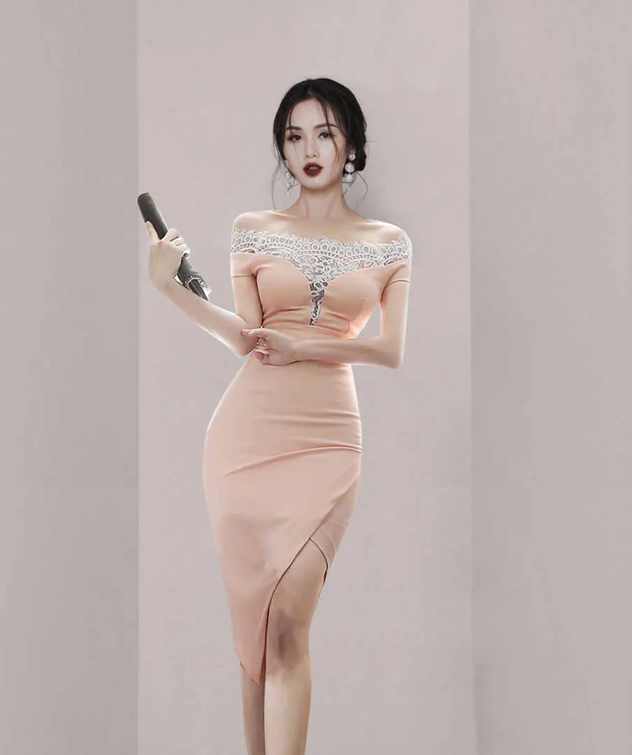 Lace tight Off shoulder dress korean ladies Summer Sexy sleeveless cabaret party office Dresses for women 210602