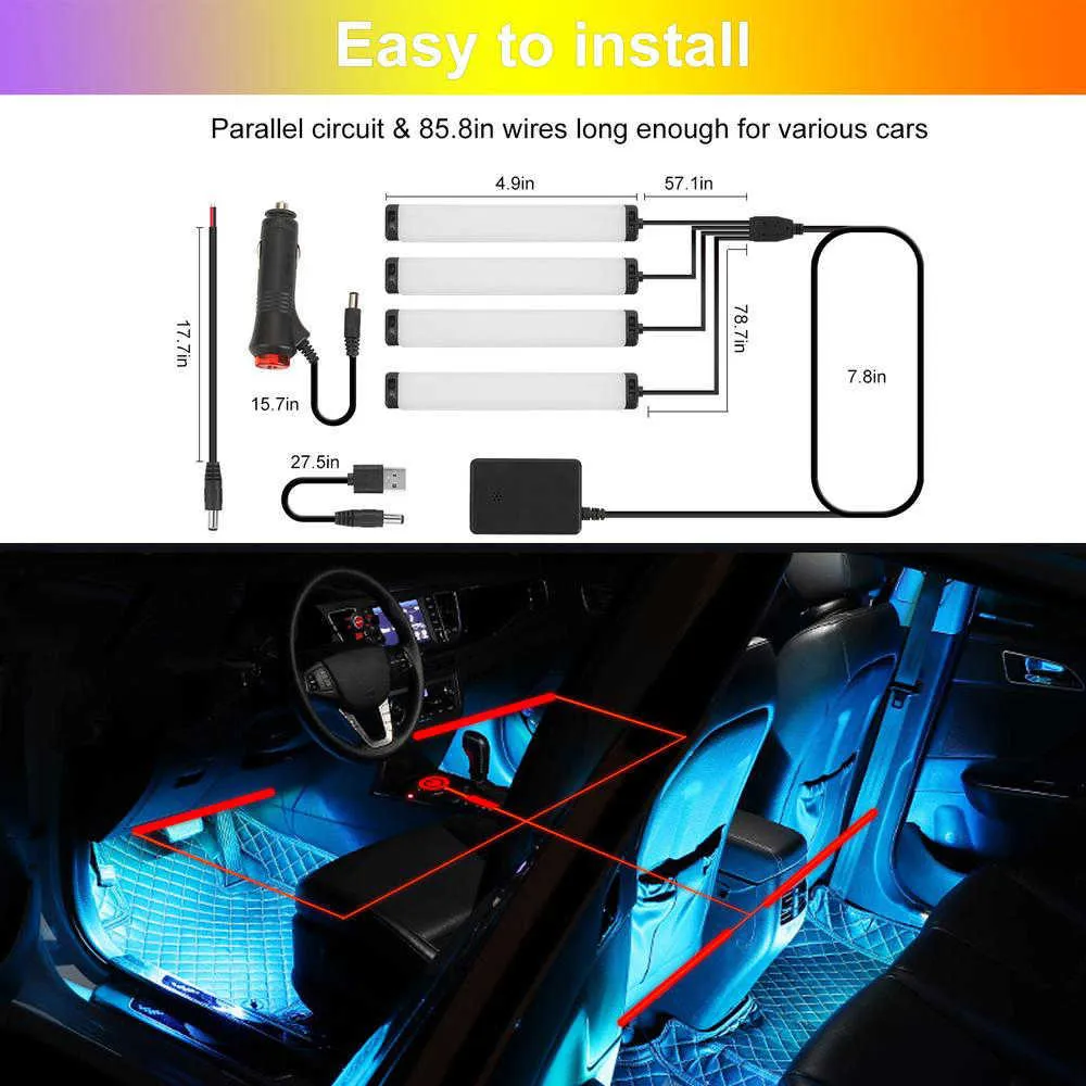 5-12V LED 인테리어 자동차 조명 부드러운 하우징 디자인 56 모드 앰비언트 LED 스트립 라이트 인테리어 동기화 음악 앱 Bluetooth Control2434