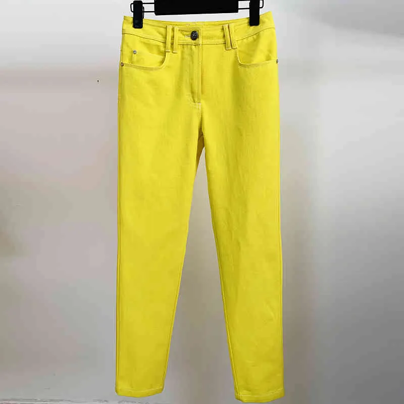 High Street EST Fashion Styliste Designer Jeans Femmes Top Couture Contraste Denim Crayon Pantalon Jaune 210521