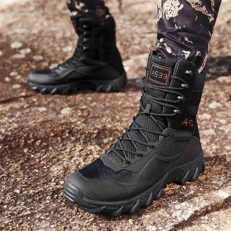 Mężczyźni Wysokiej Jakości Marka Wojskowe Skórzane Buty Specjalne Force Taktyczne Walki Desert Combat Męskie Buty na świeżym powietrzu Kostki 211217