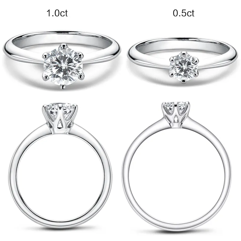 LESF Moissanite Diamond 925 Silverförlovningsring Klassisk Rund Kvinnors bröllopspresent storlek 0 5 1 0 CARAT237E
