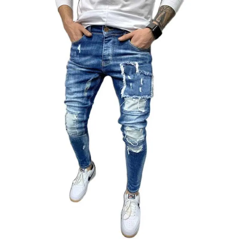 2021 New European Size Mäns Ripped Slim Patch Jeans Mäns Casual Pants X0621