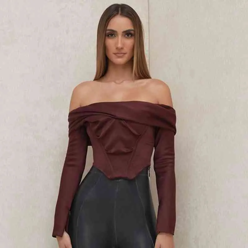 Women Off Shoulder Satin Corset Tops Long Sleeve Slash Neck Blouses Wine Red Elegant Shirts Sexy Backless Top Cropped Shirts Y220304