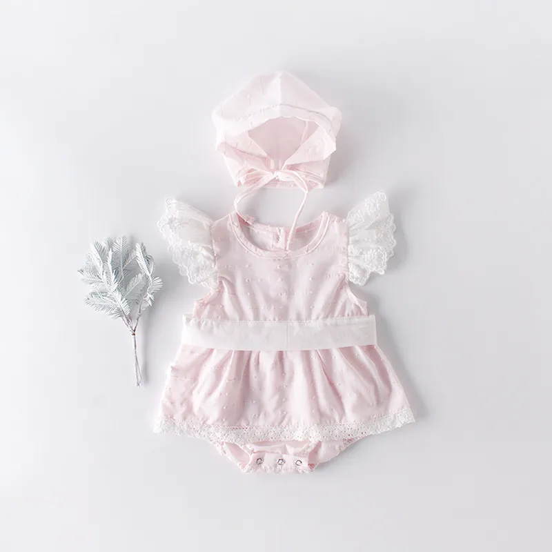 Baby Girls Clothes Cute Pink Lace Romper Summer Infant Kids Flying Sleeve Brand Jumpsuits + Cap Princess Outfits 210429