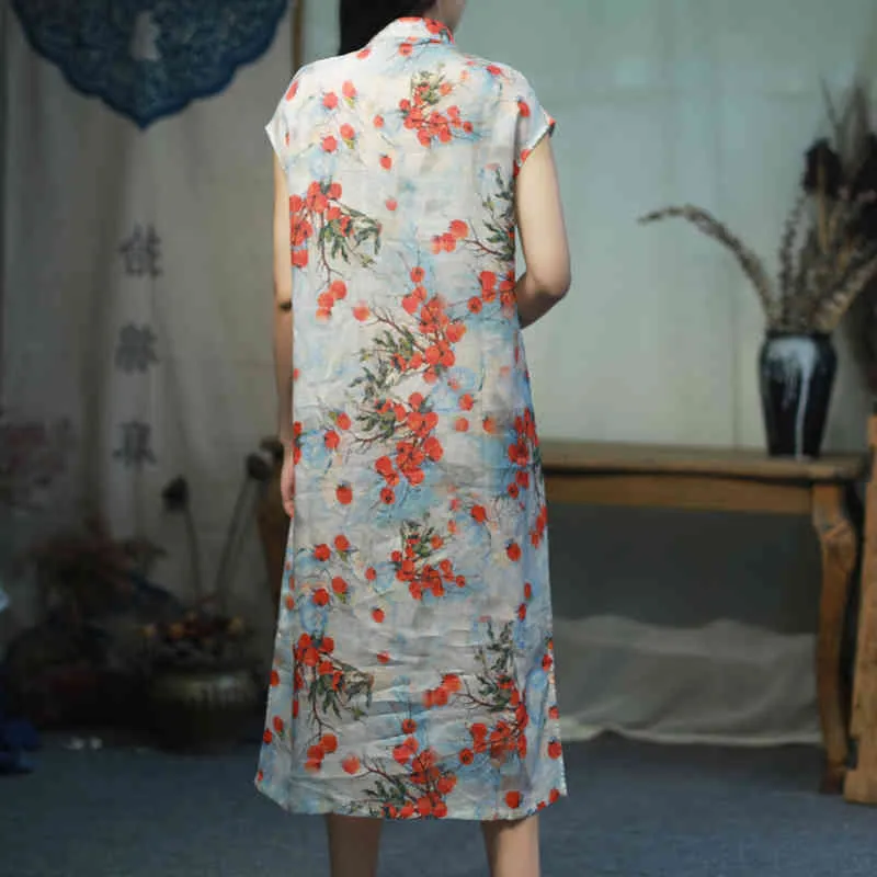 Johnature Women Chinese Style Dresses Stand Ramie High Quality A-line Robes Print Floral Summer Button Female Dresses 210521