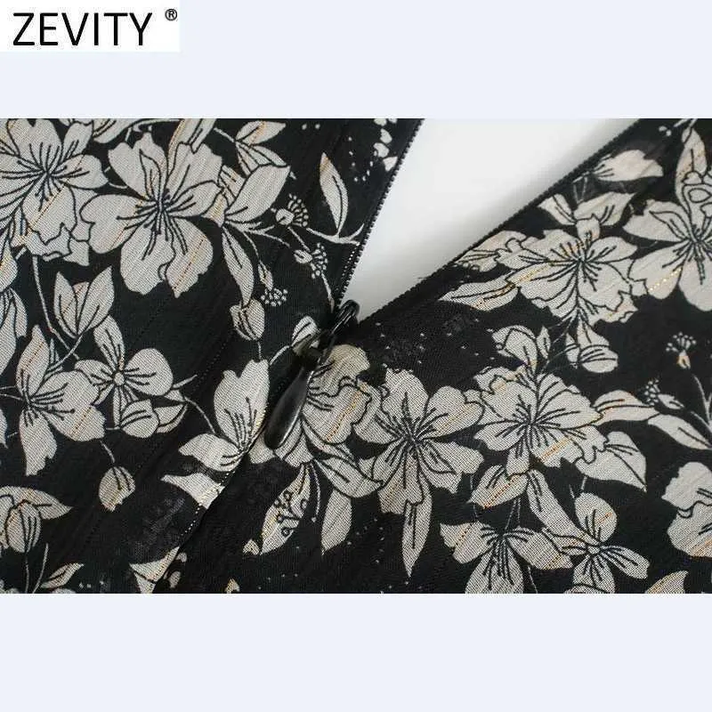 Zevenity vrouwen vintage v-hals plooien bladerdeeg mouw bloemen print sjerpen mini jurk femme gouden lijn vestido shirt jurken DS4829 210603