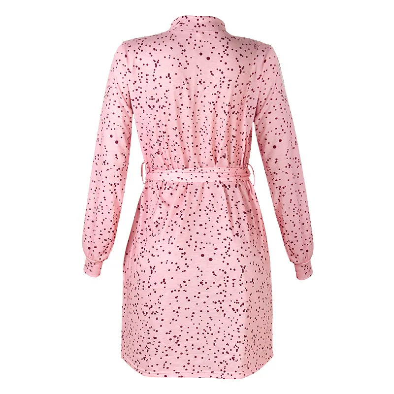 女性のピンクの服のおすすめクラシックなドットプリント長袖エレガントな作品着用フランスのカジュアルなドレス卸売210525