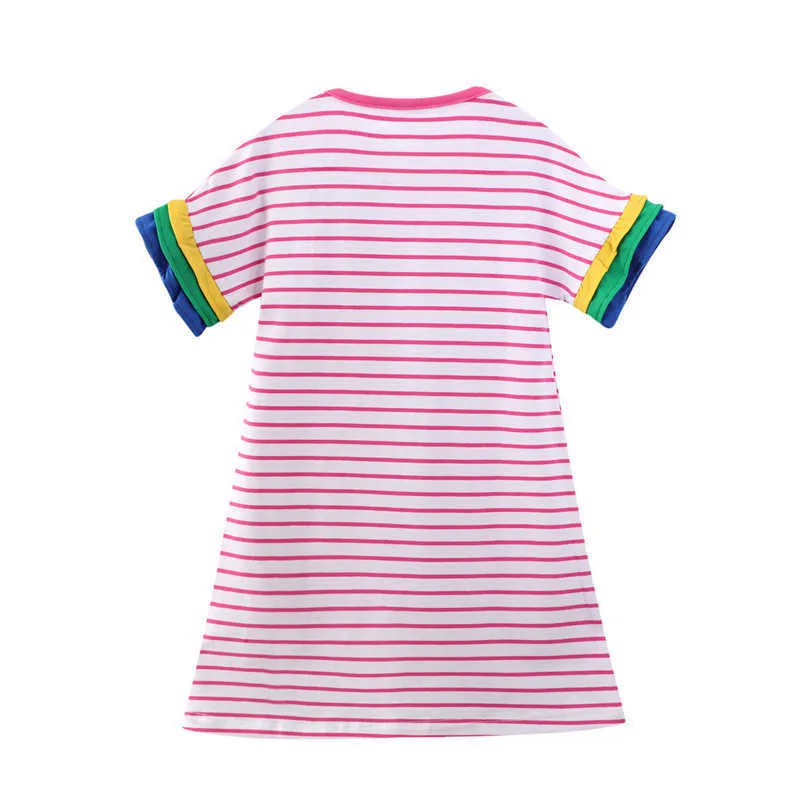Hoppmätare Stripe Summer Barnkläder med fågelapplikation Söt amerikansk stil Bomull Princess Tjejer Klädkläder 210529
