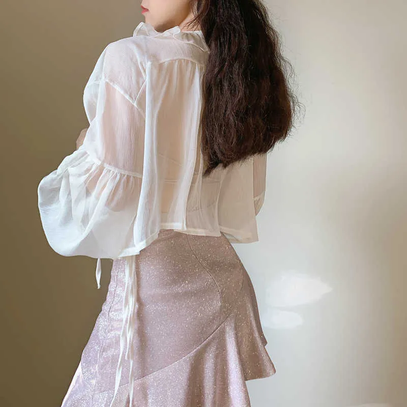 Womengaga сетчатая кружевная ракушка сладкая корейская шнуровка повязки пряжа летние топы полная фонарь рукав тонкие женские рубашки блузка 352V 210603