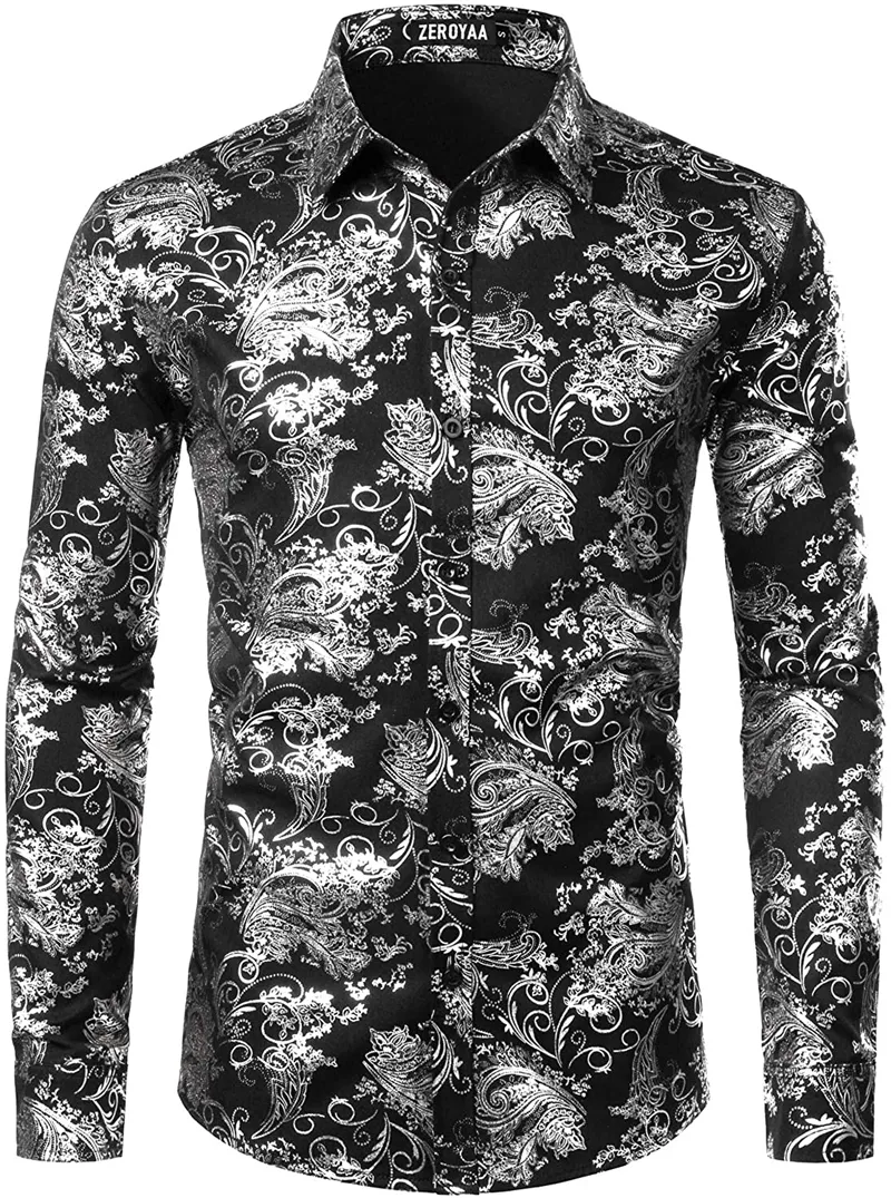 Hommes luxe Paisley Floral or brillant imprimé chemises Camisas élégant mince robe à manches longues chemise pour fête bal spectacle hommes vêtements 220222