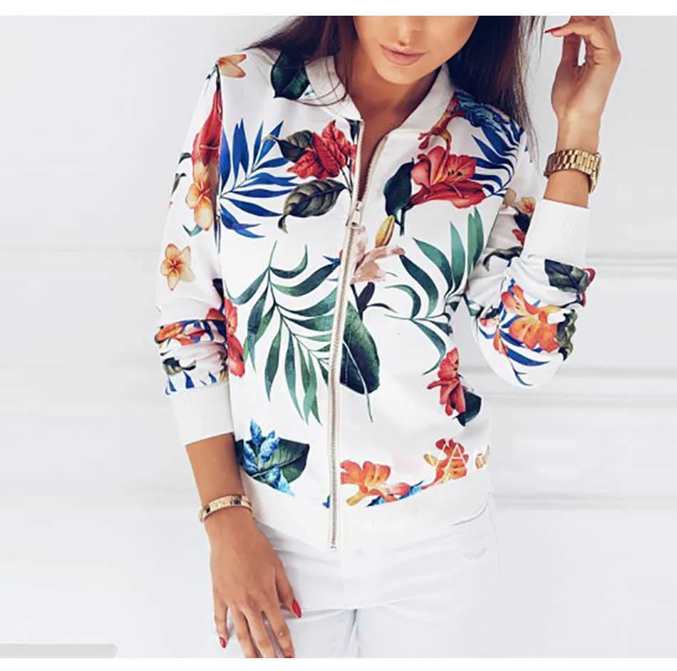 Autumn Winter Print Bomber Jacket Women Flowers Zipper Up Retro Coat Long Sleeve Basic Plus Size Short Biker Jackets Female 210922