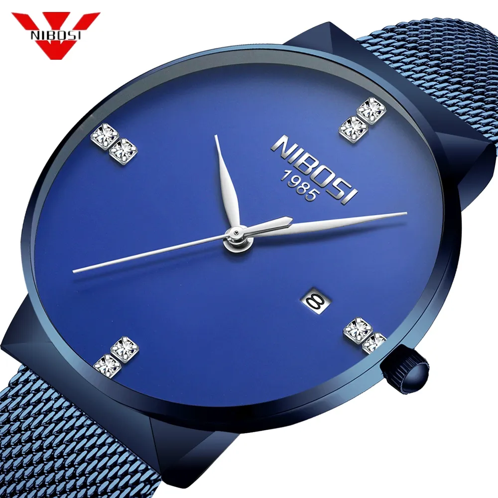 Nibosi relógios masculinos marca superior de luxo azul quartzo relógio masculino diamantes malha fina aço à prova dwaterproof água esporte relógio relogio masculino20222690