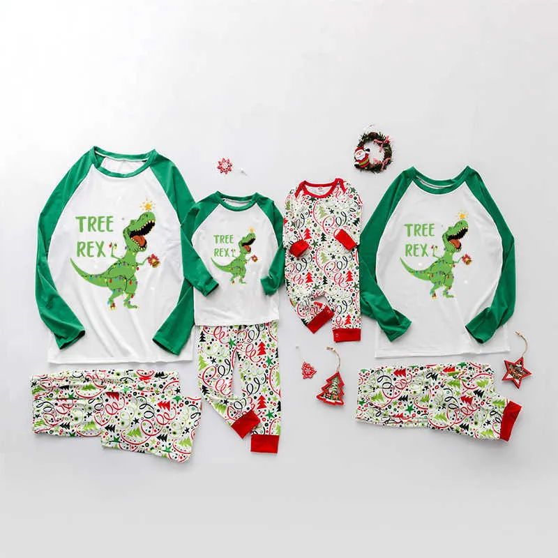 Ours Leader Famille Tenues Assorties Mode Noël Papa Maman Et Moi Vêtements Ensembles Dessin Animé Dinosaure T-Shirt Pantalon Costumes 210708