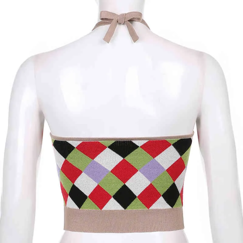 Argyle Y2K Maglia Halter Crop Top Donna Moda Estate Party Backless Vintage Plaid senza maniche con scollo a V Sexy Cami Streetwear 210510