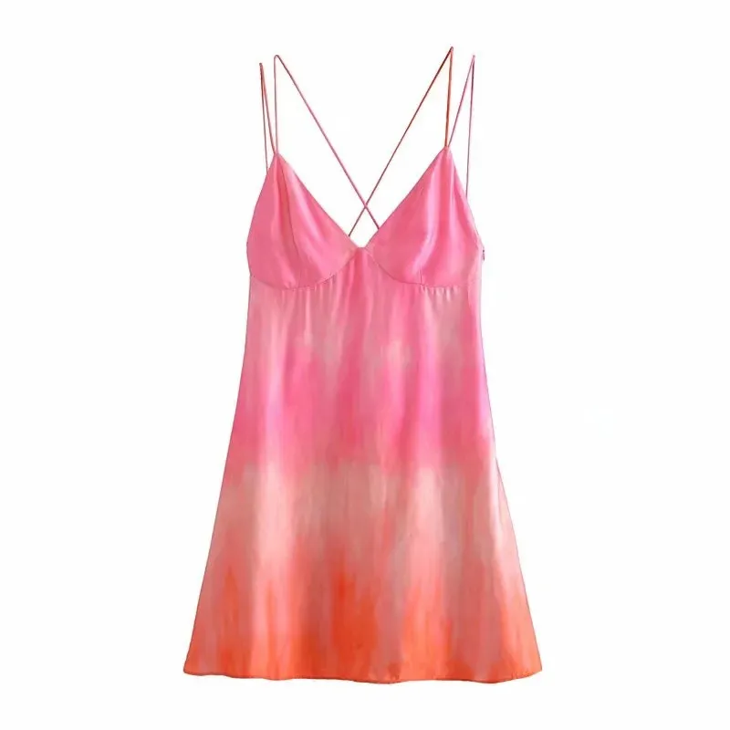 Sukienka Kobieta Tie Dye Slip Mini Kobiety Backless Pasek Sexy Krótki Lato Es Bez Rękawów Beach Sundress 210519