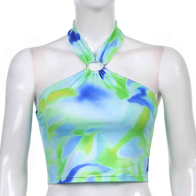 Tie Dye Gedruckt Y2K Halter Crop Top Frauen Sommer Chic Ärmel Up Backless T-shirt Party Tank Weibliches Hemd Beachwear 210510