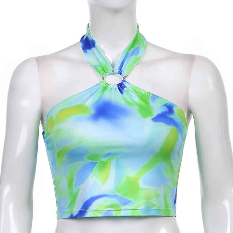 Tie Dye Imprimé Y2K Halter Crop Top Femmes D'été Chic Sans Manches Up Dos Nu Tee Party Tank Femme Chemise Beachwear 210510