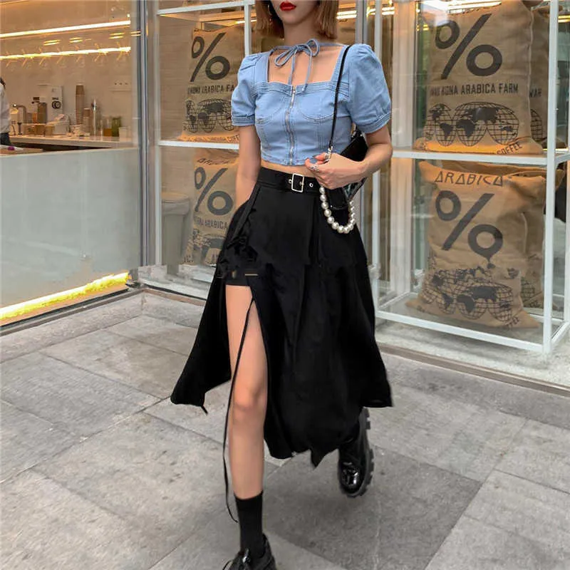 Zomer Harajuku Lace Up Sexy Dames Rokken Onregelmatige Zwarte Hoge Taille Lange Punk Gothic Chic Streetwear Saias Femininas 210702