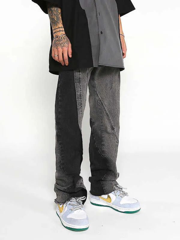 Jeans masculinos High Street é moda rua estilo hip hop costura irregular alfaiataria casual jeans214B