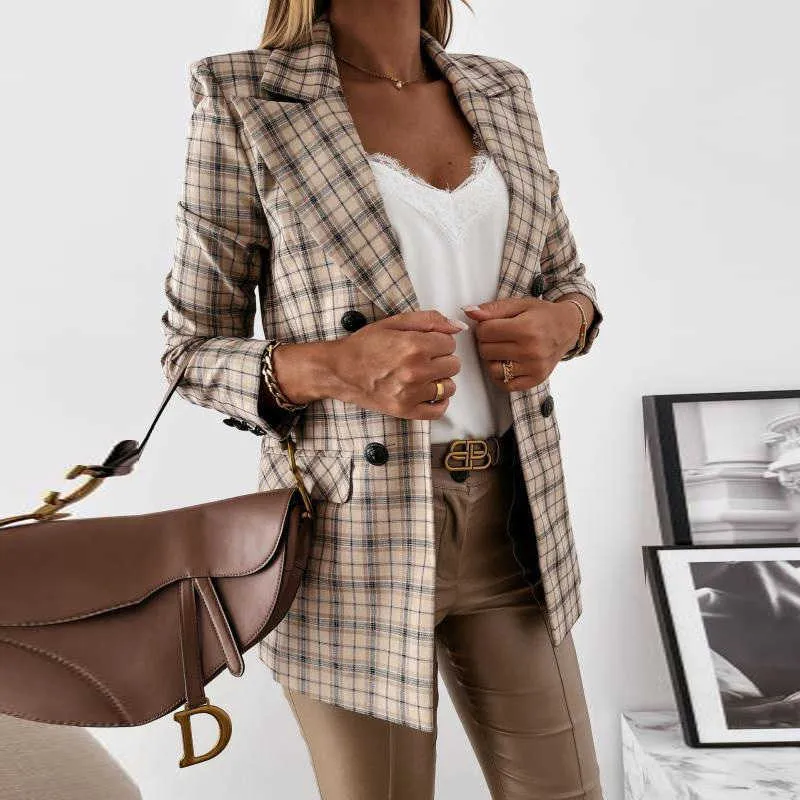 Kvinnor Plaid Houndstoot Print Fashion Top Outwear Höst Lös Casual Långärmad Jacka Elegant Dubbel Breasted Lady Office Coat 211014