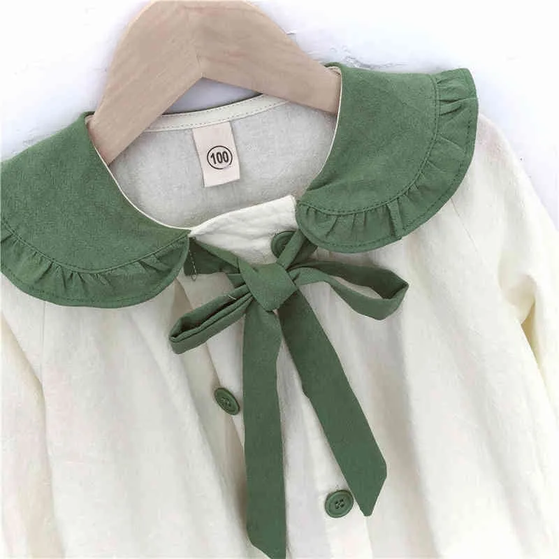 Printemps Couleur Assortie À Manches Longues Bowknot Robe Vêtements Pour Enfants Style Coréen Fille Doux Revers Casual Princesse 210515